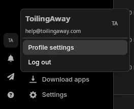 The menu that opens from the avatar at the bottom of Toggl's left sidebar, holding Profile settings and Log out. The Settings link below the menu is a different screen.