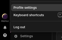 The menu that opens from the avatar at the bottom of Toggl Track's left sidebar, holding Profile settings, Keyboard shortcuts and Log out. The Settings link below the menu is a different screen.