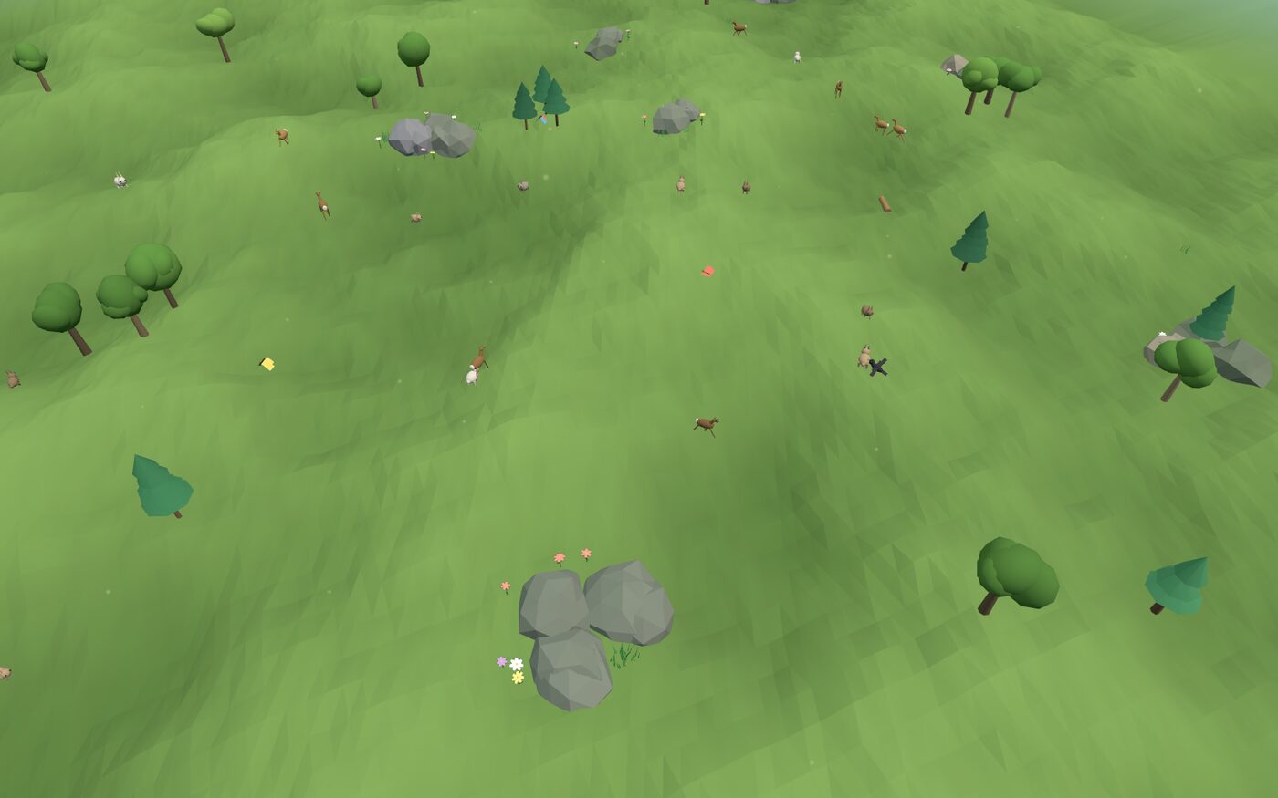 Rolling green meadow with deer, rabbits and birds among oaks, pines, boulders and wildflowers.