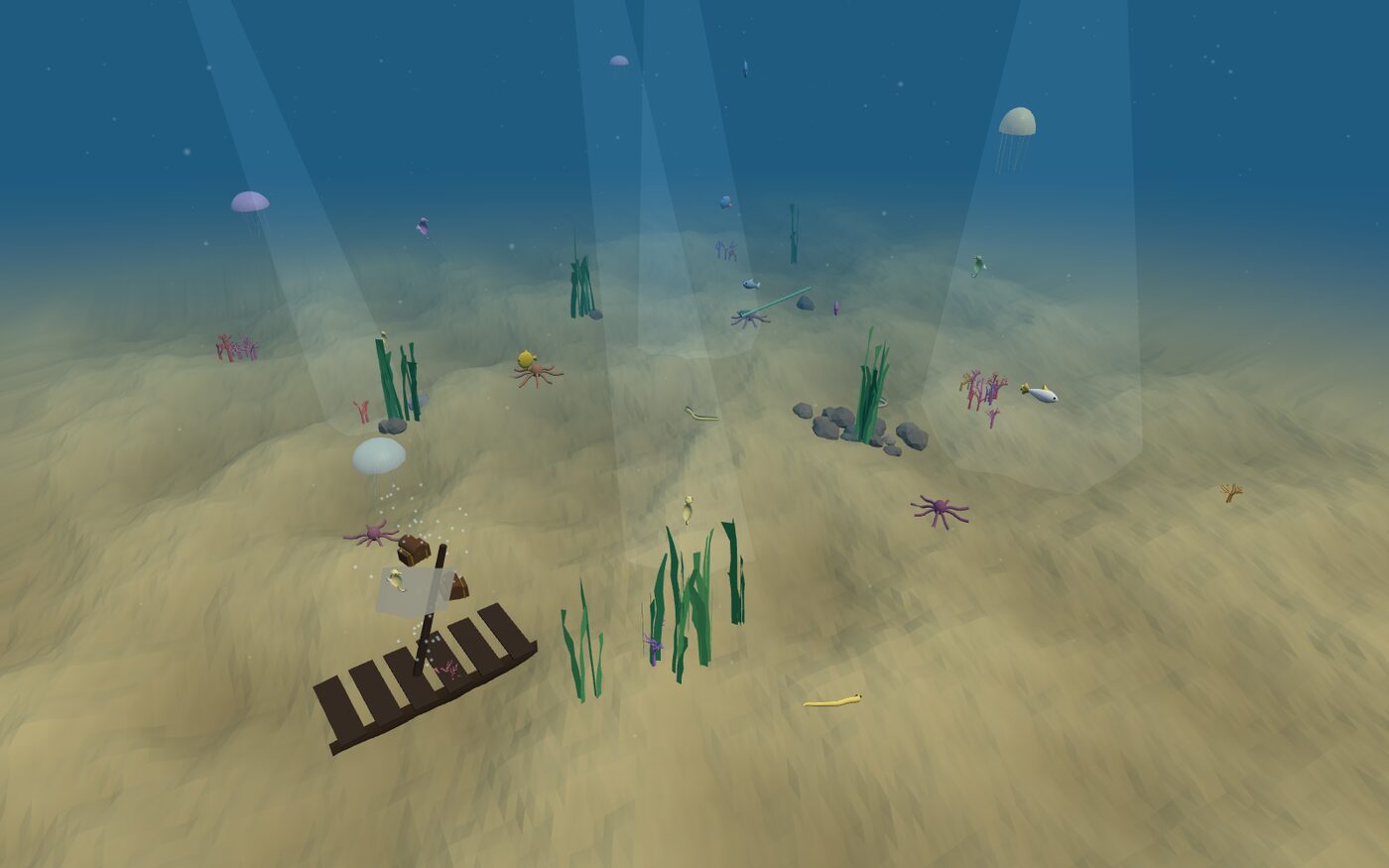 An underwater reef seen from above the seabed: jellyfish drifting through shafts of light, octopuses and fish among kelp and coral, a sunken rowing boat and a chest on the sand.